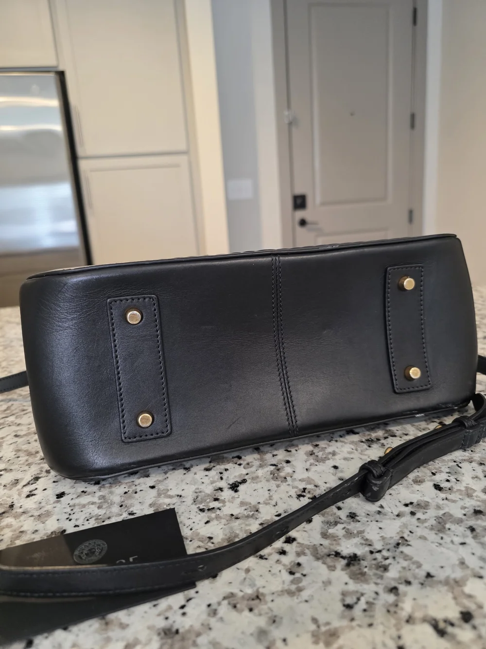 Versace Black Leather Satchel with Gold V Leaf Emblem